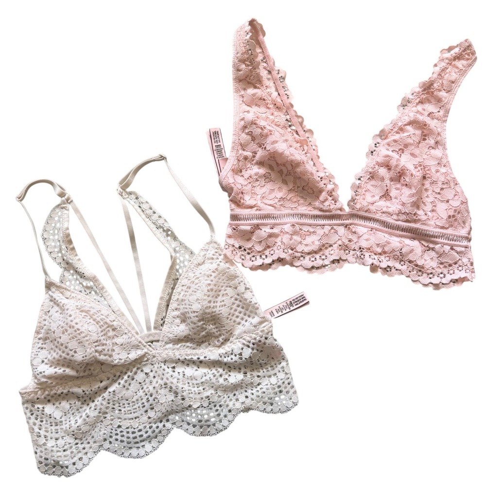 Victoria's Secret Lace Bralette Set Pink Cream XS Floral Eyelet Strappy Back